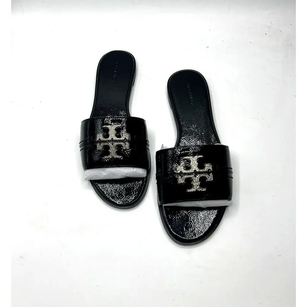 Tory Burch Everly Slide Softy Naplak Cow Perfect Black/Crystal Size 9 NEW